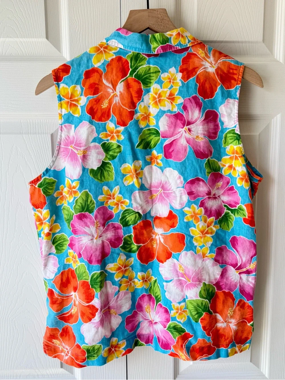 Jones New York Sleeveless Linen Button Up Boxy Top Size 12 Resort Tiki Hawaiian